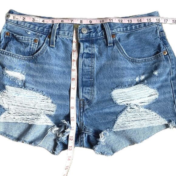 LEVI'S 501 High Rise Cut Off Denim Shorts Size 32 Quiet Riot Button Fly Festival - Picture 8 of 9